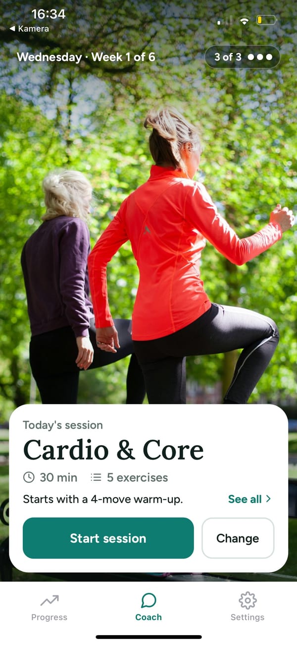 Today's session in Destination Health: Cardio and Core, 30 minutes, 5 exercises, with a Start session button