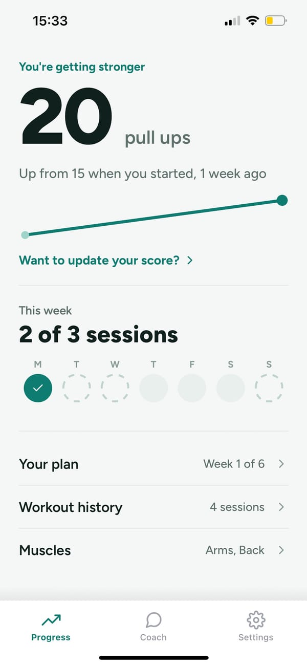 Progress screen showing pull-ups going from 15 to 20 and sessions this week